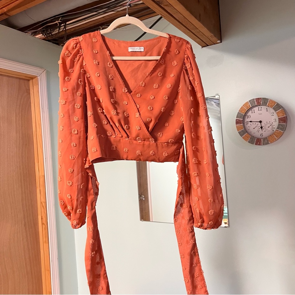 Paper Crane Terracotta Wrap Blouse with Floral Accents